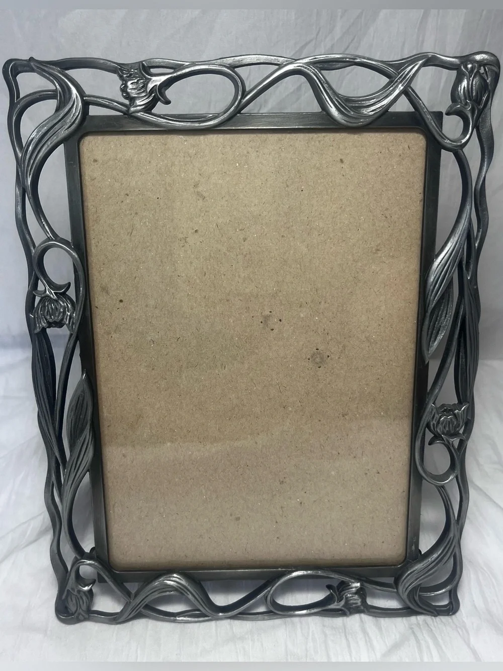 Vtg Pewter Photo Picture Frame Art Nouveau Floral Vine 5x7 Picture w/Glass